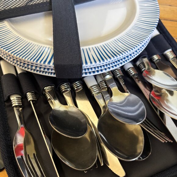 Blue & White Striped Picnic Basket Backpack, 4 Glasses, Plates, Full Set - Picture 4 of 6